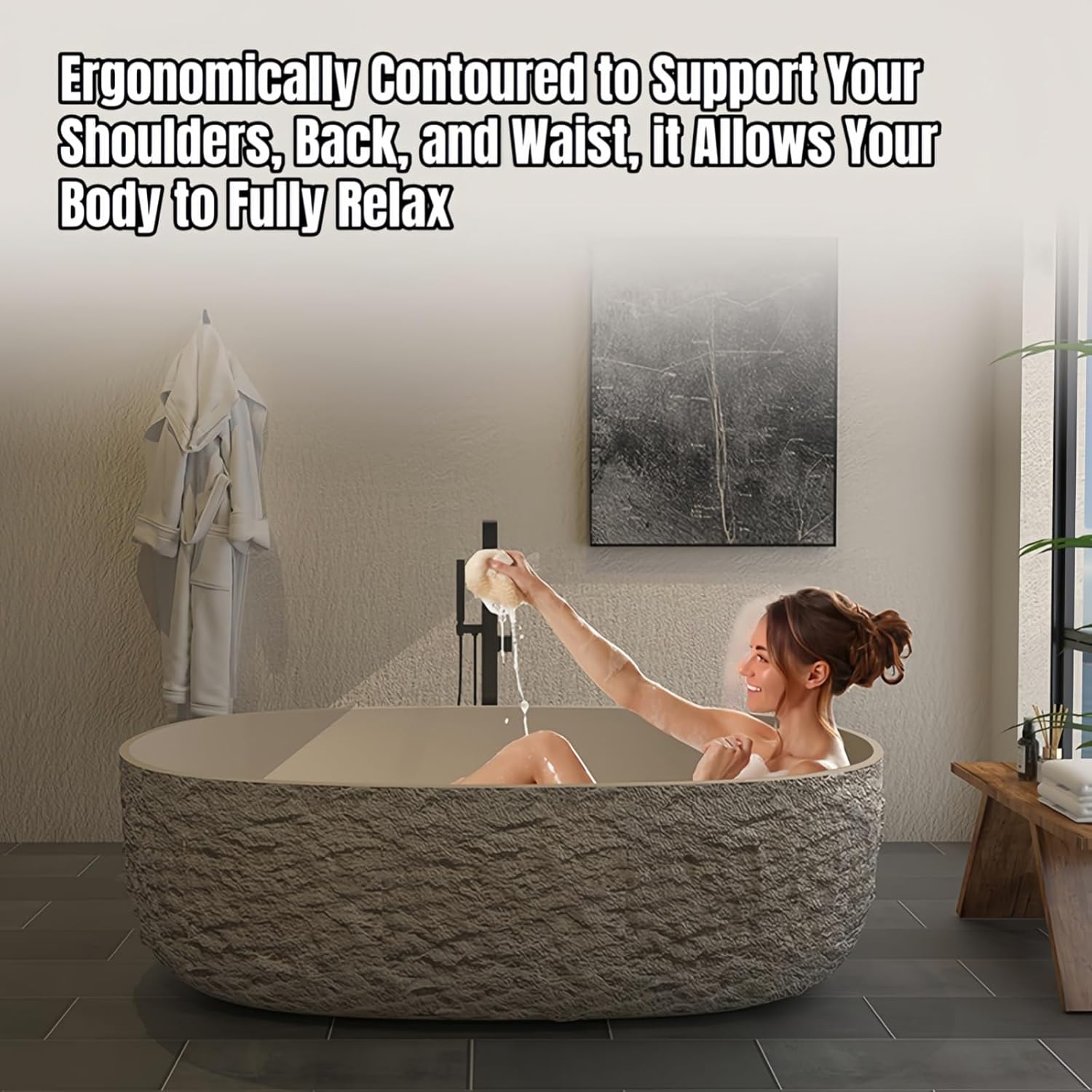 68" Edeyeu Freestanding Bathtub - Modern Solid Surface Bathtub Soaker Tub with Extra Deep Design, Durable One-Piece Stand Alone Tub for Spa-Like Soaking Experience, with Drain rock color