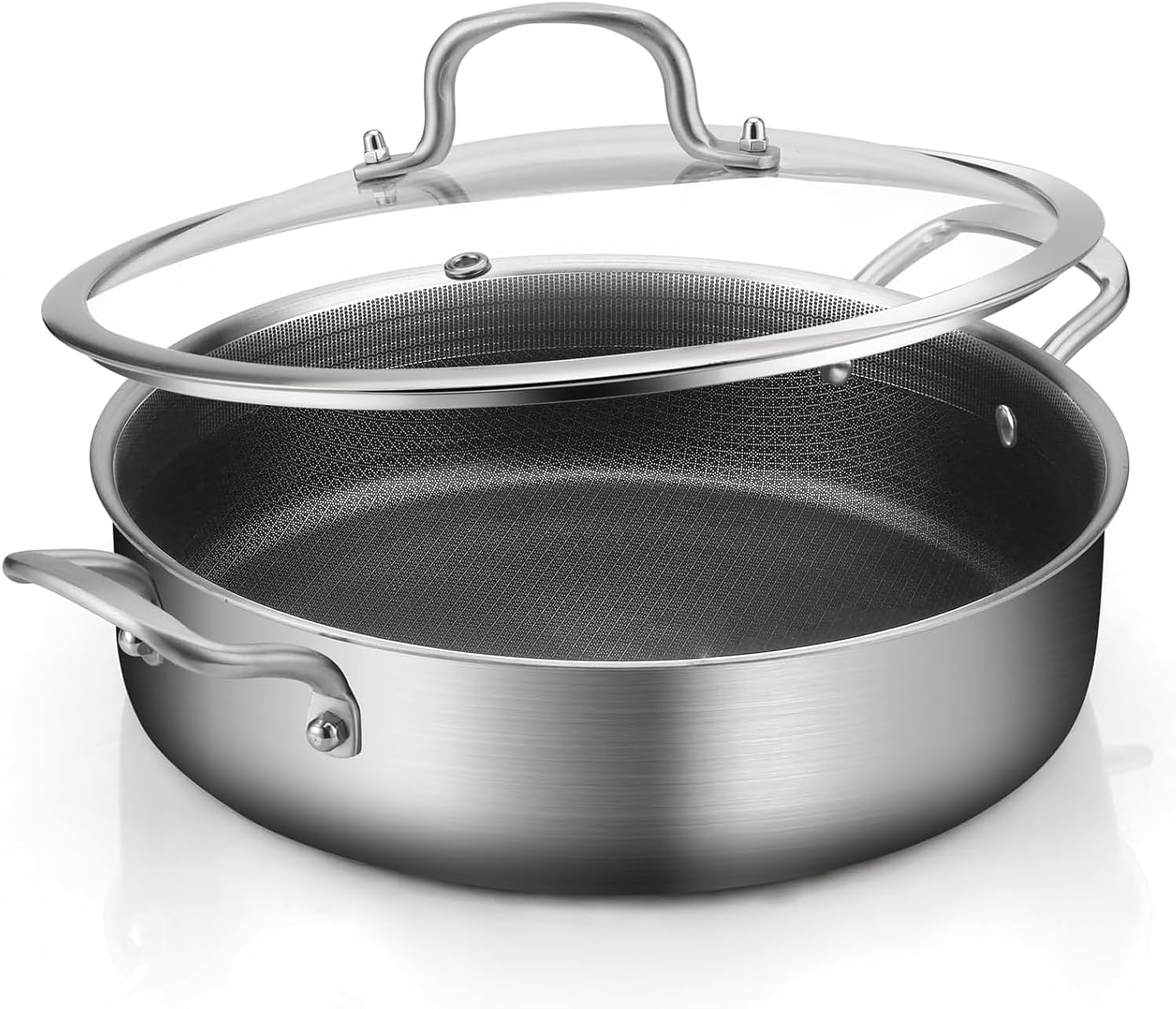 Tri-Ply Stainless Steel 7 Quarts Saute Pan, 12 Inch Nonstick Skillet with lids, Fas...