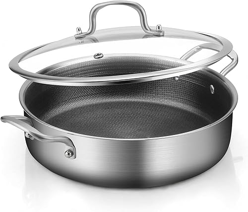 Sartén Saltear de Acero Inoxidable de Tres Capas de 7 Cuartos, Sartén Antiadherente de 12 Pulgadas con Tapas, Utensilios de Cocina de Calor Rápido y