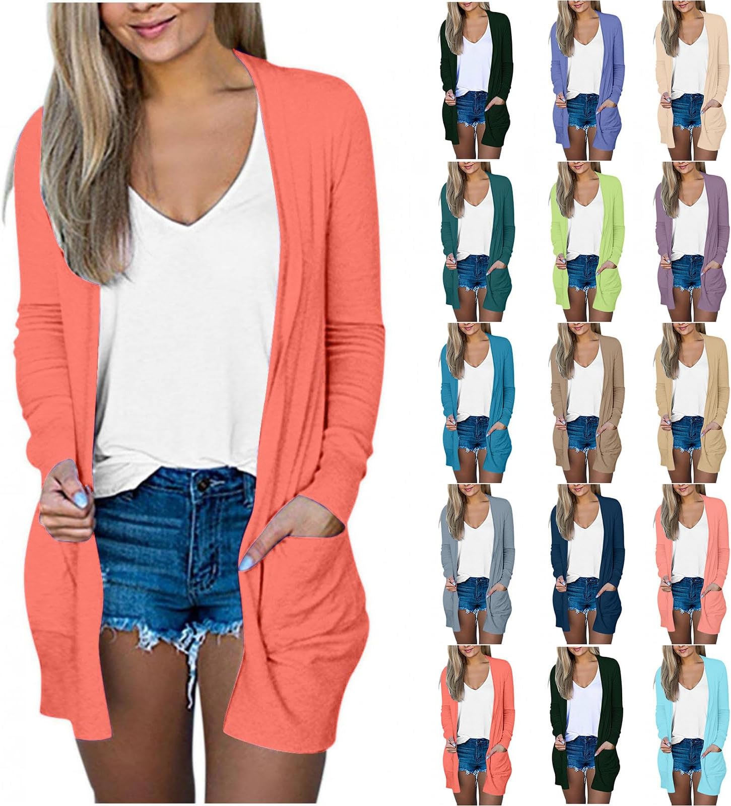 Women's Fashion Casual Solid Colour Long Sleeve Mid-Length Cardigan Jacket KXC6CBXZ6382