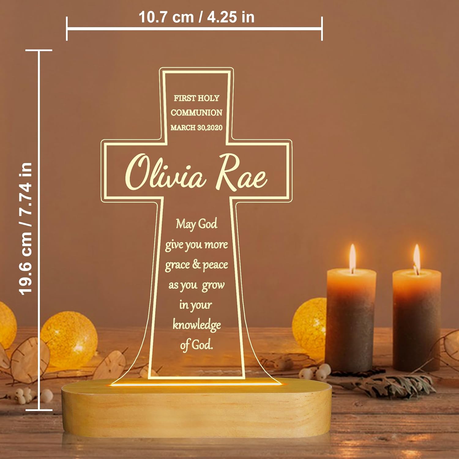 Ammonite Personalised First Communion Gift, Customize Cross Wooden Lamp Novelty Night Light lamp for Kids, Kids Decoration Lamp USB Power Bedroom Decor Godparents Gifts Christening Dedication Gift