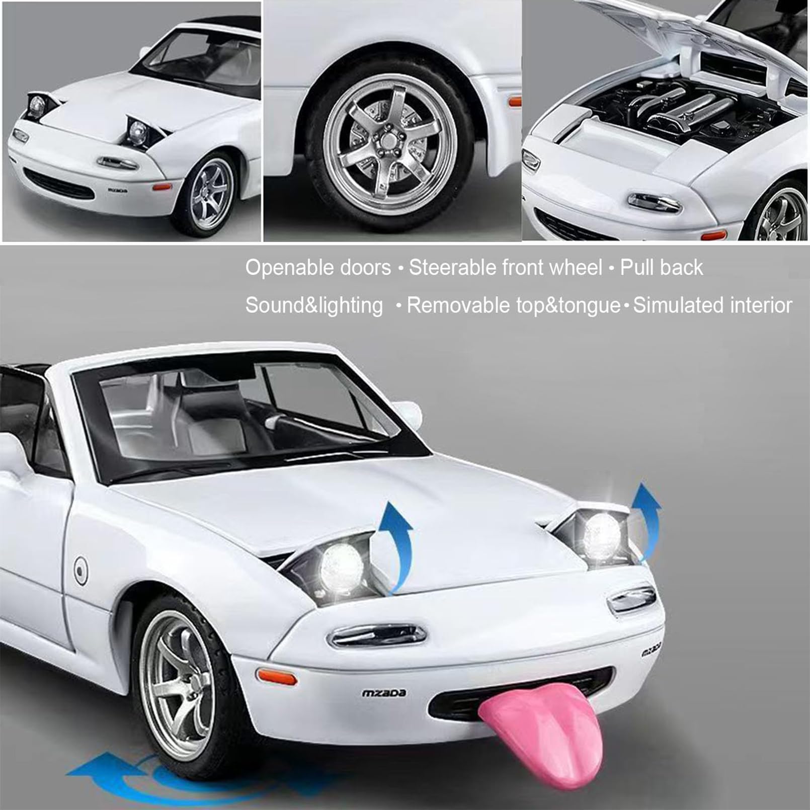 MODVKVK Mazda MX-5 Miata 1:32 Model Car, Toy Car With Light & Music, Removable Top, Pull-Back Function, Alloy Die-Cast - Image 3