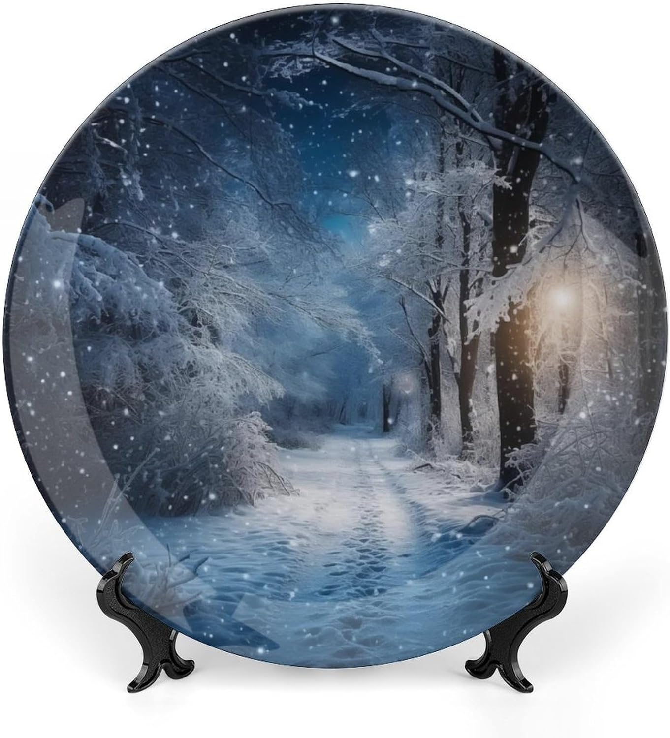 Christmas Decorative Plates, Snow-Covered Forest Path at Night Display Plate for Home Office Kitchen Mantle Table Decor, Porcelain Plates Ornament 8 Inch, Winter Decor Supplies, Xmas Gifts