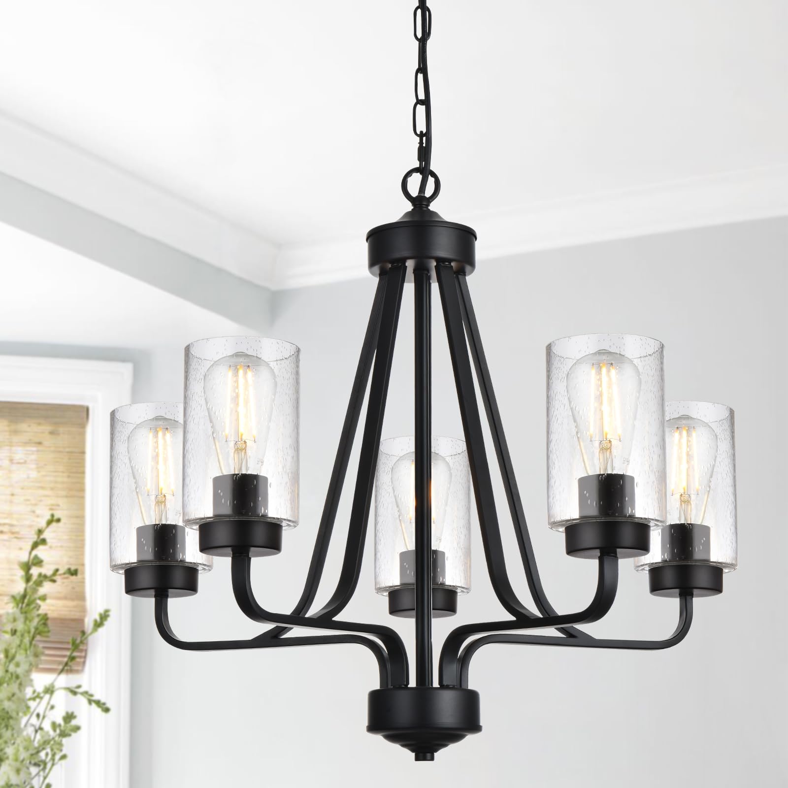 TODOLUZ Dining Room Chandelier, 5-Lights Pendant Light Fixtures with Seeded Glass Shade, Black Kitchen Island Light for Living Room Bedroom Foyer
