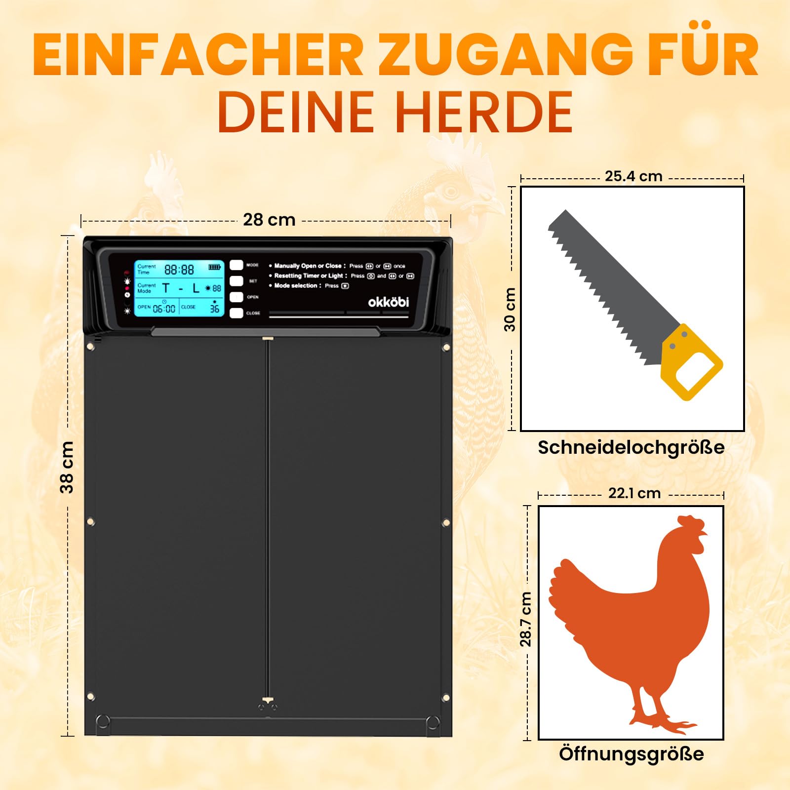 Okkobi Automatische Hühnerklappe Extra Large Solar – LCD Display, Fernbedienung, Lichtsensor, Timer & Einklemmschutz – Öffnung 28,7 x 22,1 cm – 5 Jahre Schutz – Schwarz