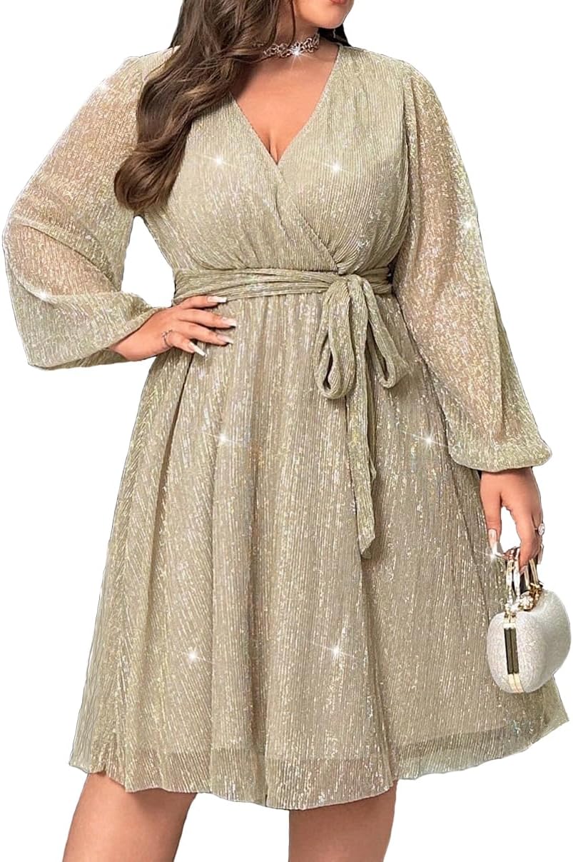 RED DOT BOUTIQUE 876 - Plus Size Elegant Sheer Sleeve Dress with Waist Sparkle Chiffon Mesh Cocktail Dress