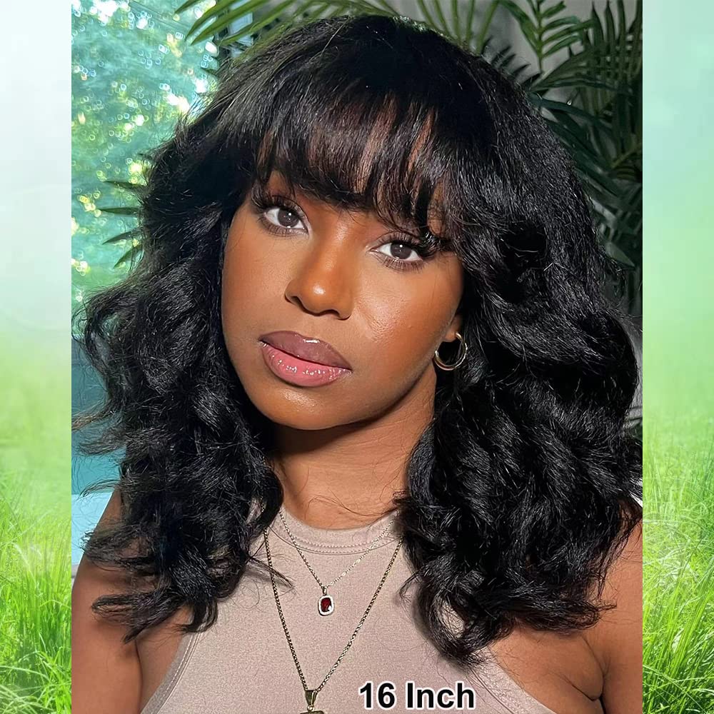 200 Density Yaki Wavy Wigs Brazilian Human Hair Scalp Top Full Machine Made Wig Yaki Wavy With Bangs Remy Human Hair For Women Natural Color 20 Inch