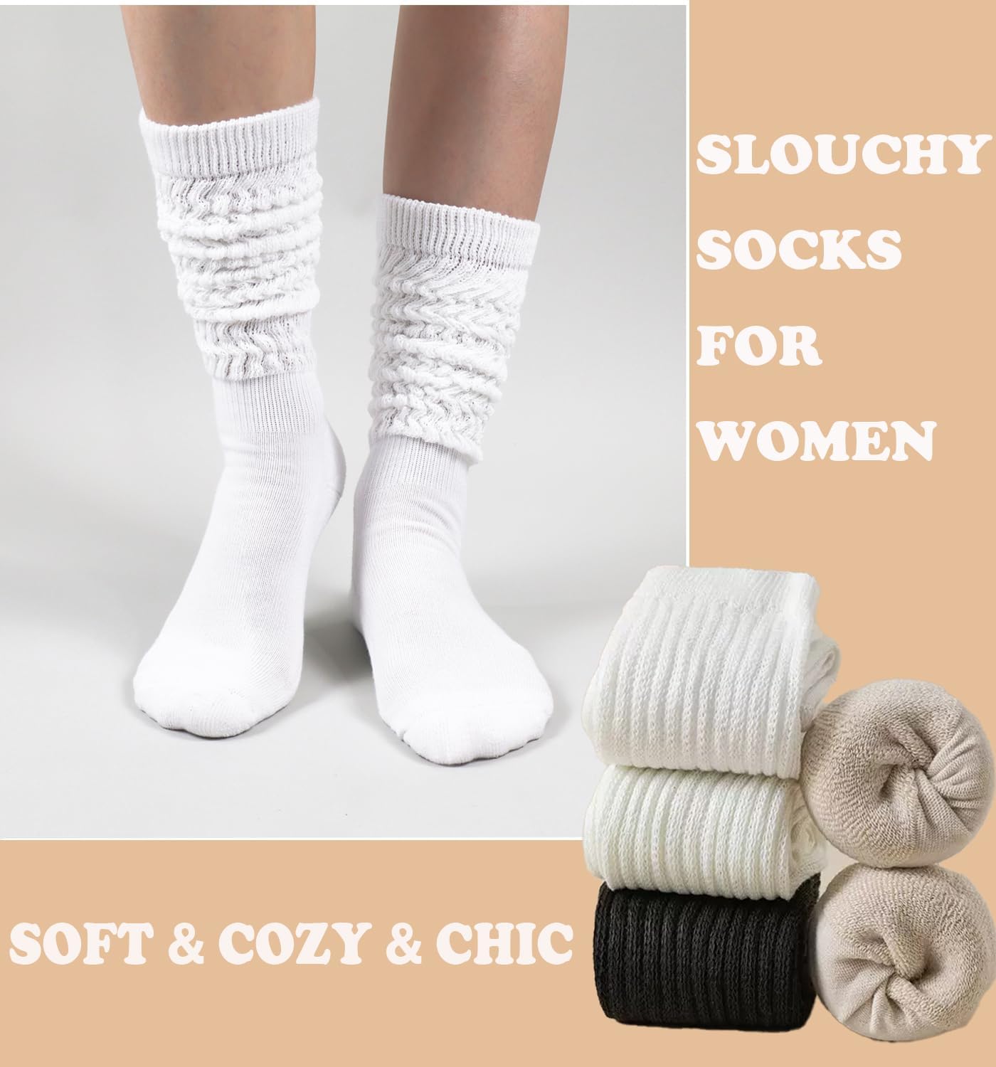 Slouchy Socks for Women 3 Pairs Chunky Scrunch Knee High Boot Long Tube Slouch Sock, Size 5-11 - Image 6
