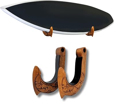 Surfboard Wall Mount | Horizontal Wooden Surfboard Rack | Hawaiian Hook Design with Sunrise Carving | Handcrafted Suar Wood Surfboard Display for Coastal Wall Decor