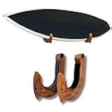 Surfboard Wall Mount | Horizontal Wooden Surfboard Rack | Hawaiian Hook Design with Sunrise Carving | Handcrafted Suar Wood Surfboard Display for Coastal Wall Décor