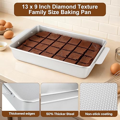 Miniatura 4 de Molde para hornear de 9 x 13 pulgadas con asas de fácil agarre, antiadherente antiadherente texturizado de acero aluminizado, bandeja para brownie