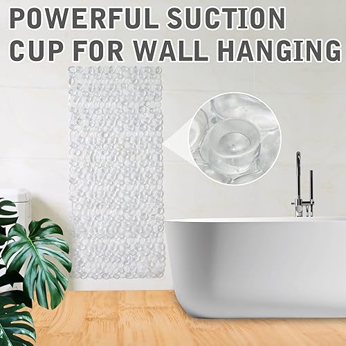 Miniatura 4 de Tapete de ducha antideslizante de 35 x 15.7 pulgadas con ventosas, agujeros de drenaje para ducha, bañera, baño, lavable a máquina (gris
