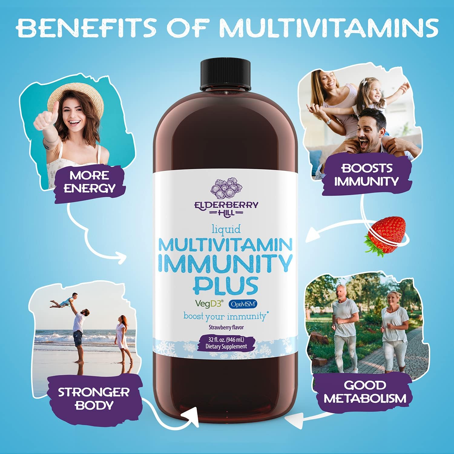 Vegan Liquid Immunity Plus Multivitamin with Antioxidants - Vitamin A B C D3 E K, Zinc, MSM, Amino Acids, Trace Minerals, for Immune Support - Non GMO for Adults and Kids - Strawberry 32oz