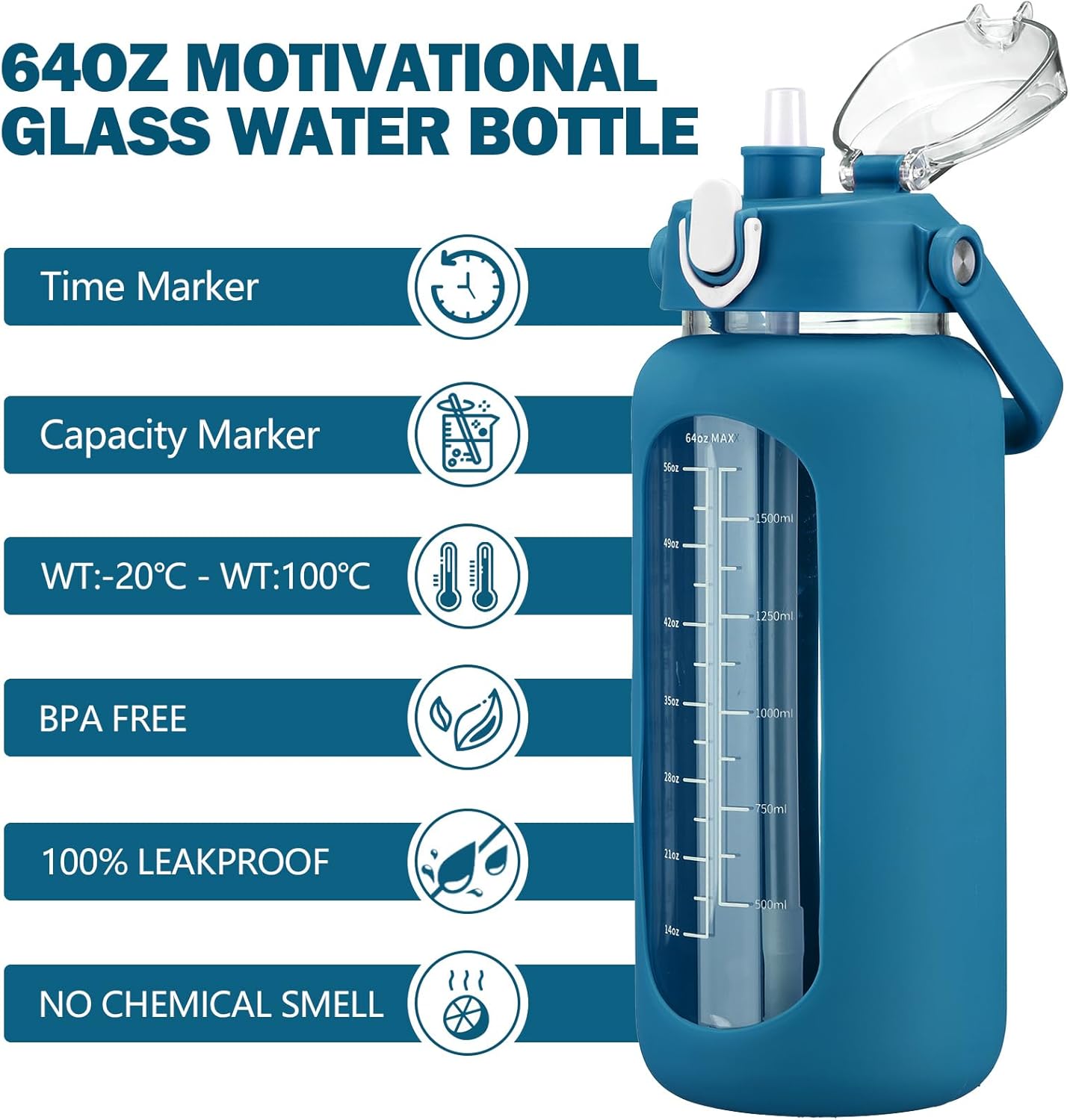kytffu 64oz Glass Water Bottles with Straw, Half Gallon Motivational Glass Bottle with Silicone Sleeve and Time Marker, 2L Leakproof Large Glass Water Jug for Gym Home Office,Iron Blue - Image 5