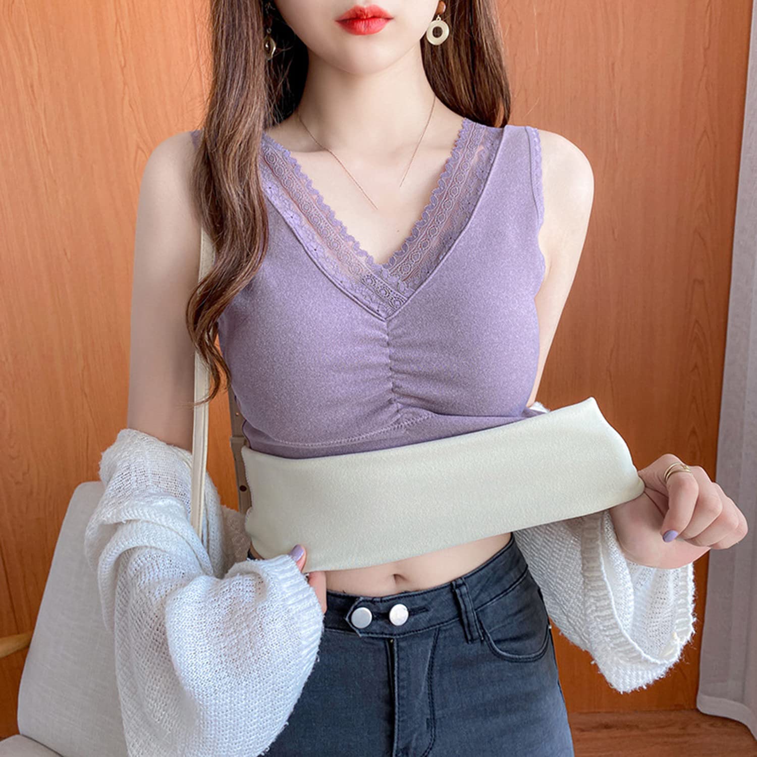 Ladies Thermal Camisole, Thermal Vest Women Plus Velvet V-Neck Tie Chest Pad All-In-One Sexy Inner-Fit Slim Bottoming Shirt,Purple,One Size