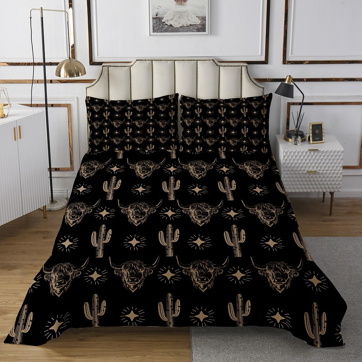Erosebridal Western Bull Skull Coverlet Set Twin Size Highland Cattle Bedding Set for Kids Boys Girls Boho Abstract Glitter Stars Cactus Quilted Coverlet Cartoon Cow Tribal Black Gold Quilted