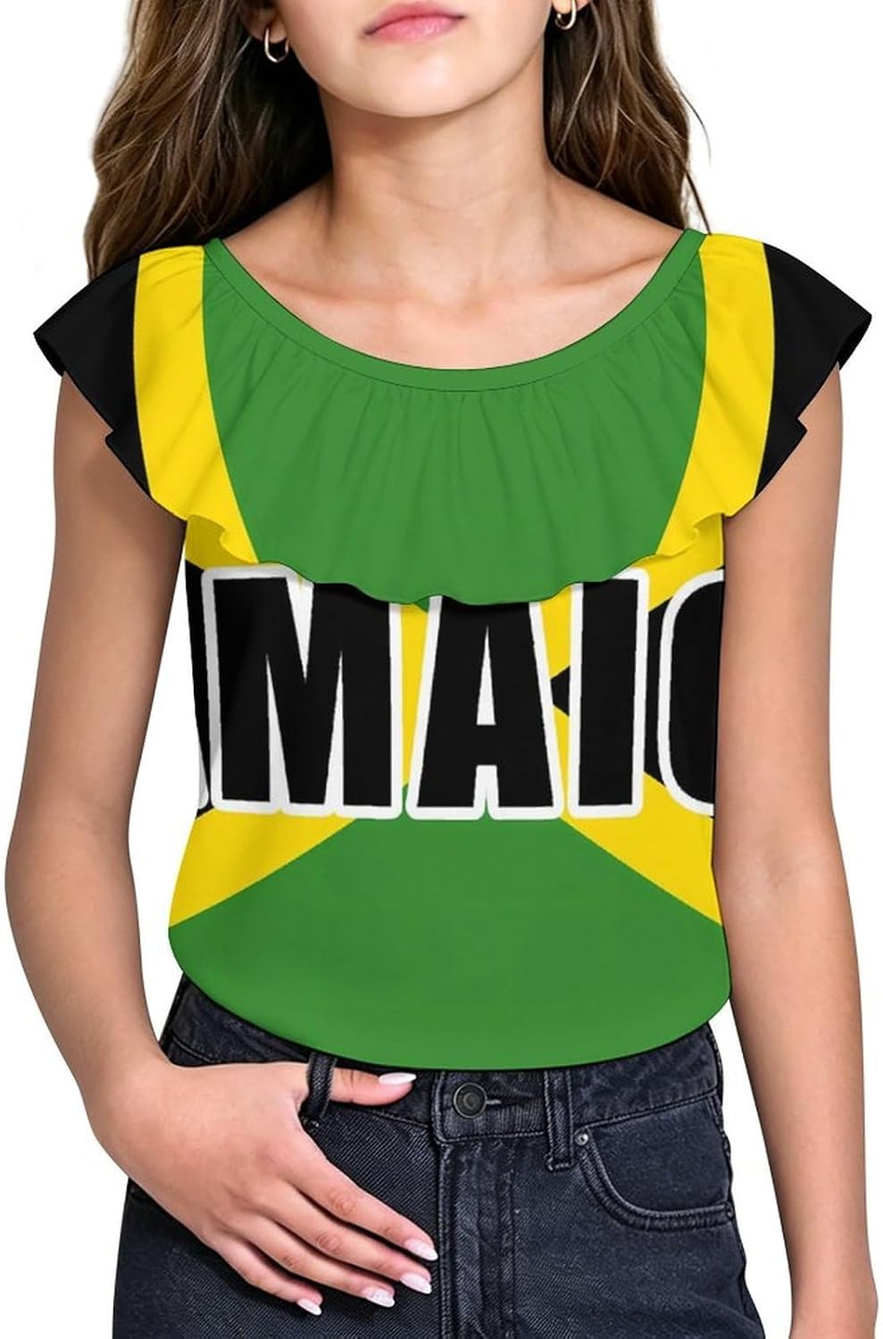 Jamaica Jamaican Flag Girls T-Shirts Top Ruffle Short Sleeve Blouse Casual Graphic Tees
