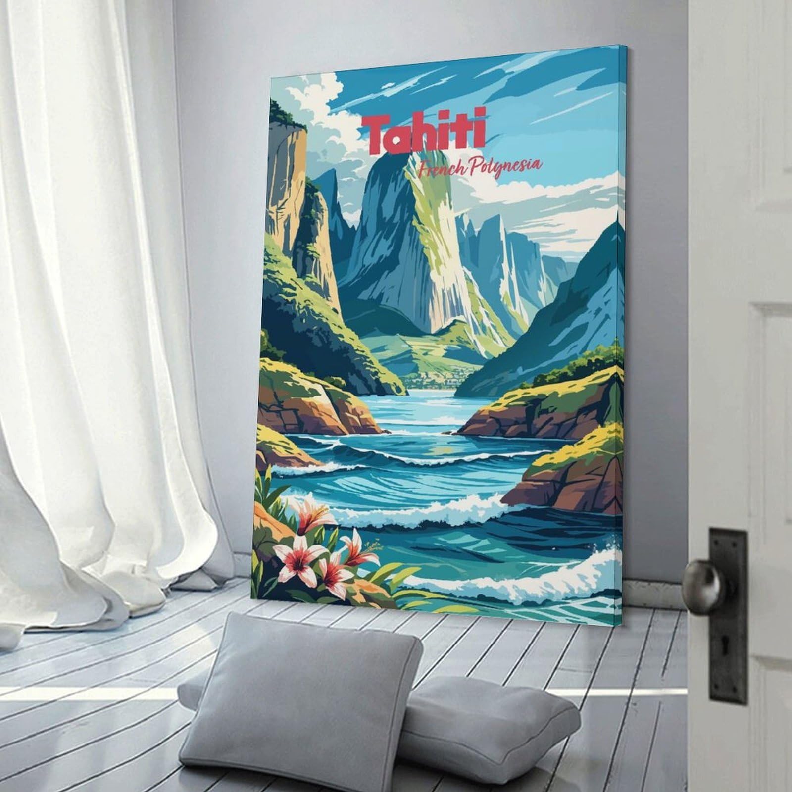 Junmoney Frame-Style-22 Tahiti French Polynesia Landscape Art Hanging Wall Art, 20X30inch(50X75cm), For Bedroom, Guest Room Or Reading Nook, Home Artwork With A Soft Interior Feel