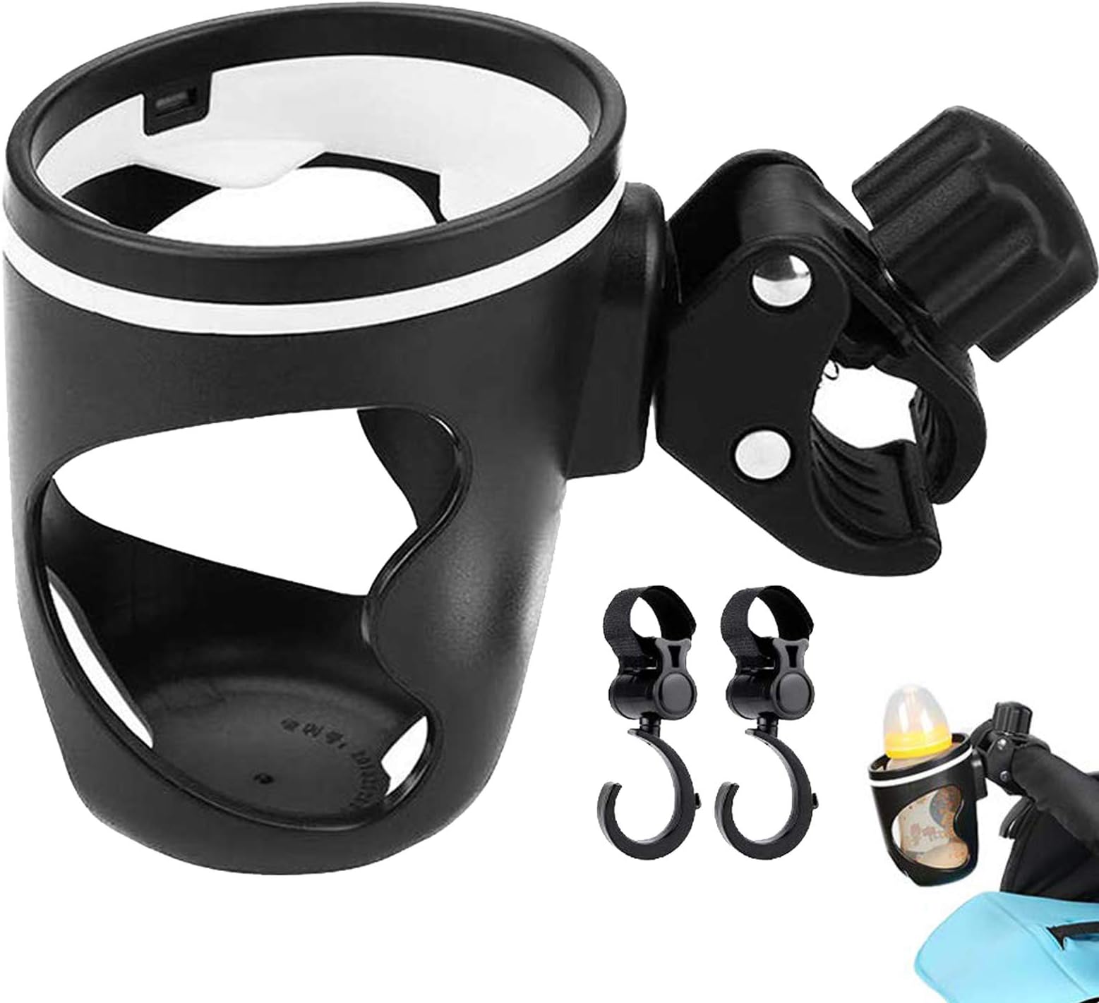 Stroller Cup Holder, with 2 Stroller Hooks Baby Carriage Bottle Cage Rack, Adjustable 360 Degrees Rotation Water Bottle Holder for Baby Stroller,Pushchair, Wheelchair, Quick & Easy to Mount