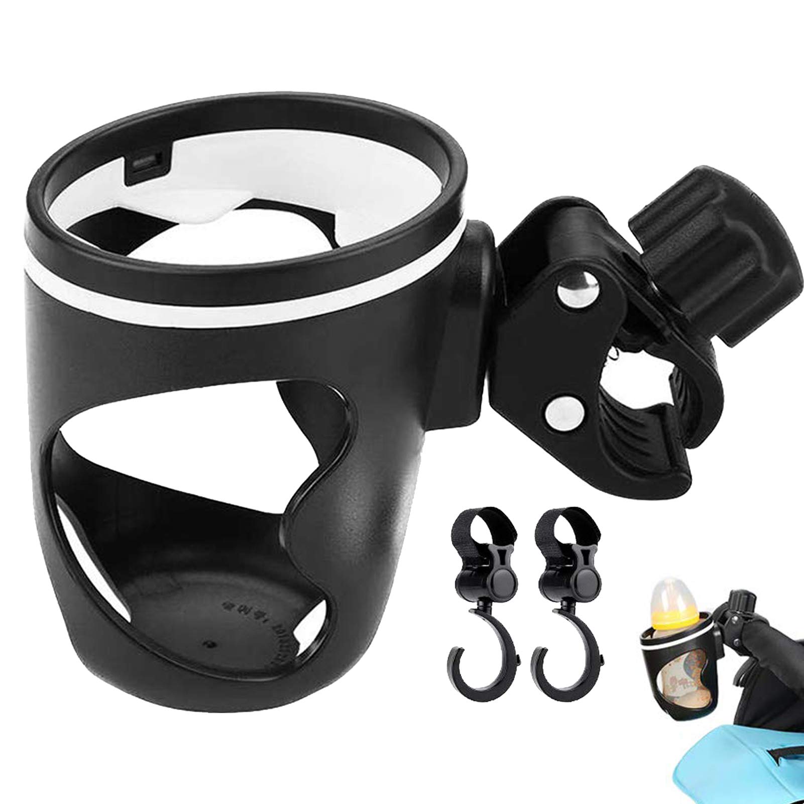 Stroller Cup Holder, with 2 Stroller Hooks Baby Carriage Bottle Cage Rack, Adjustable 360 Degrees Rotation Water Bottle Holder for Baby Stroller,Pushchair, Wheelchair, Quick & Easy to Mount