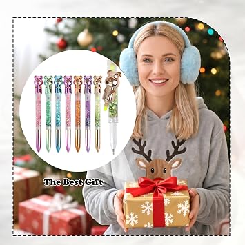 6Pcs Glitter Highlighter + Ballpoint Pen 2-in-1, Cartoon Bear Multicolor Pen with Biro Pens and Multi-Colour Highlighters, School Pens for Handwriting and Note-Taking