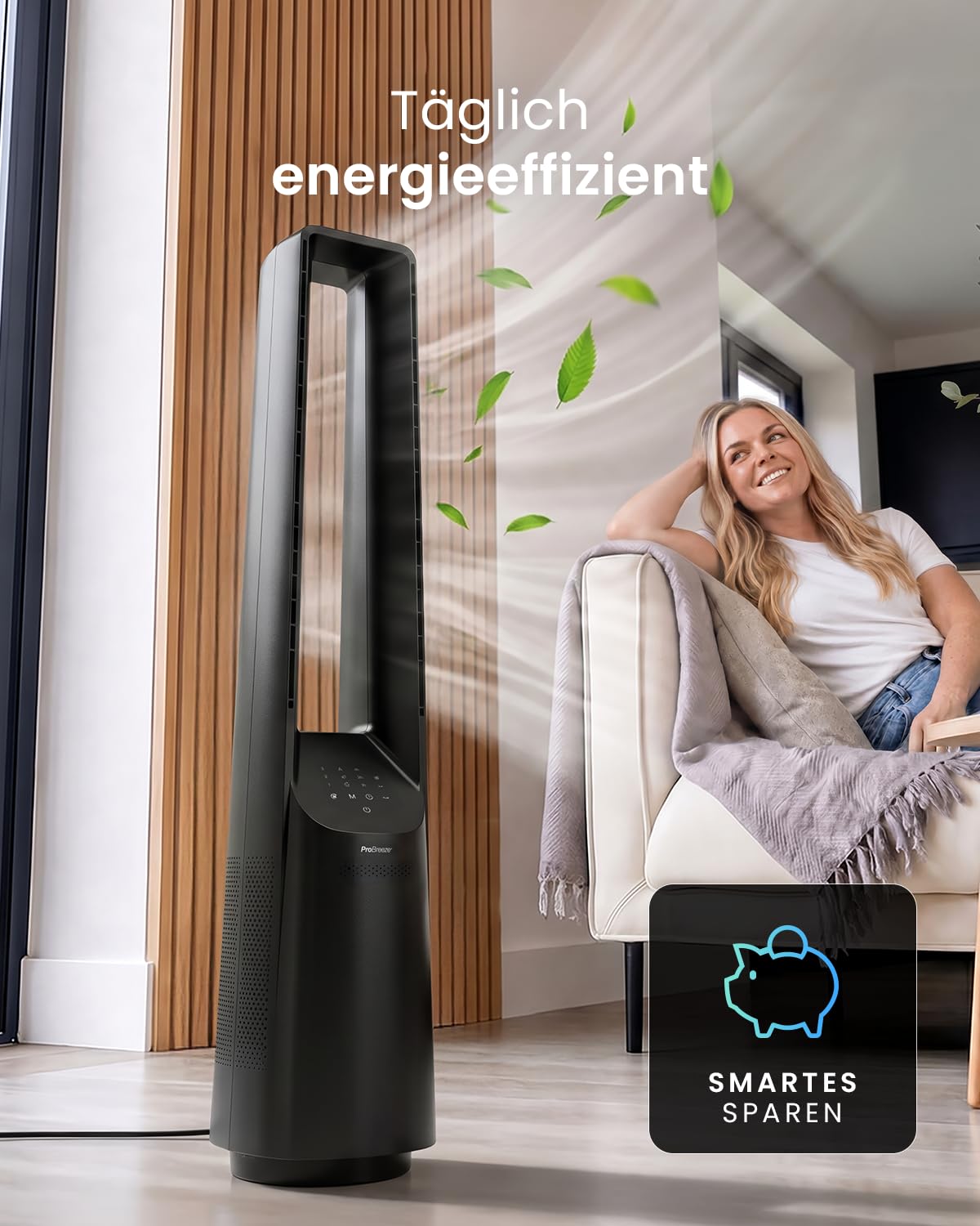 Pro Breeze 101cm rotorloser Ventilator - Smart Home Ventilator mit WLAN, Fernbedienung, LED Display, 6 Geschwindigkeiten - Turmventilator sehr leise, 5 Betriebsmodi, Auto 60° Oszillation, 7h Timer