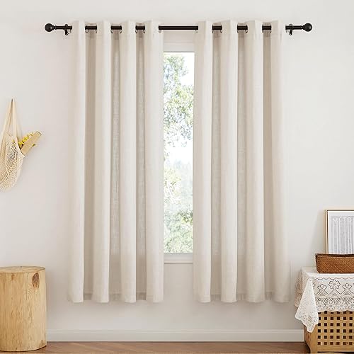 RYB HOME Linen Sheer Curtains - Semi Sheer Light Filtering Sheer Privacy Curtains, Country Rustic Window Curtains Draperies for Living Room Closet Nursery Doorway, W 52 x L 72, 2 Panels, Beige
