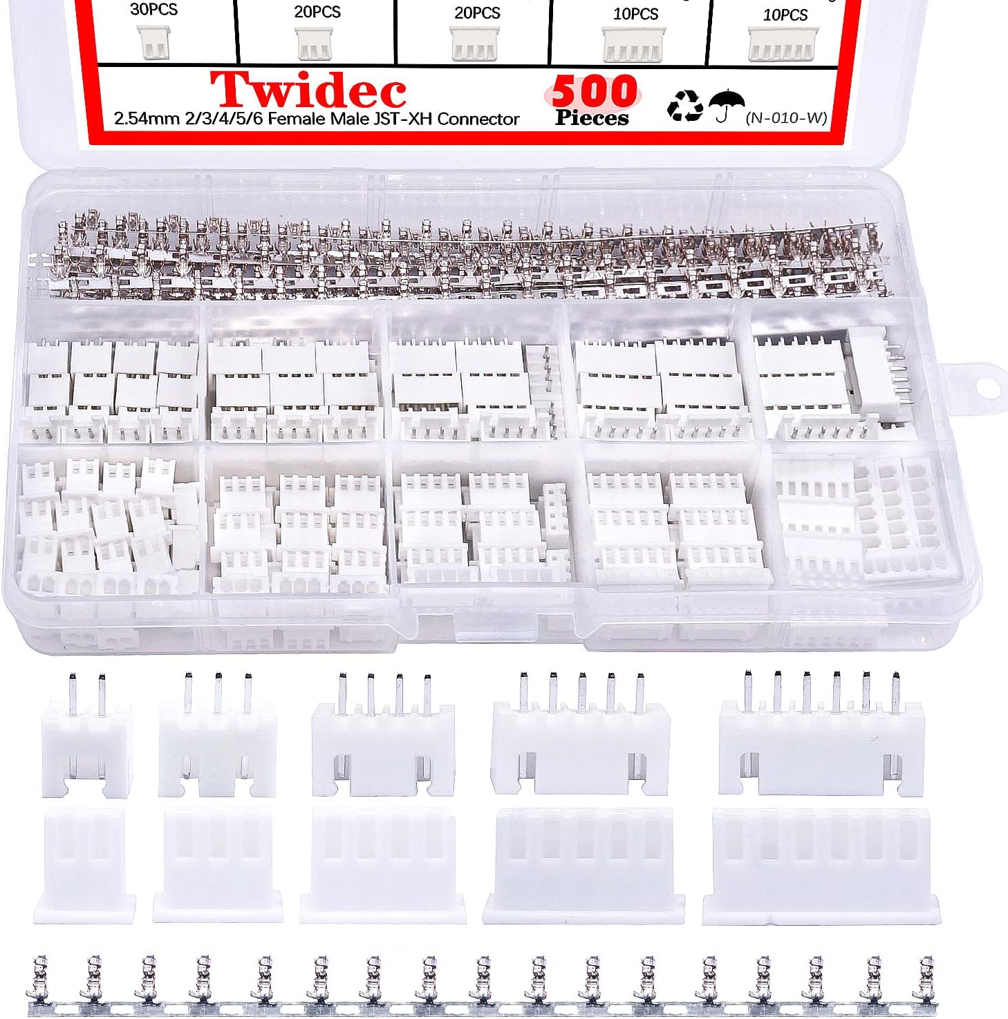 Twidec/500PCS 2.54mm JST Connector Kit with 2/3/4/5/6 Male and Female Pin Housing Connector Adapter Plug and 2.54mm Female Pin Header Wire Terminal Kit N-010-W