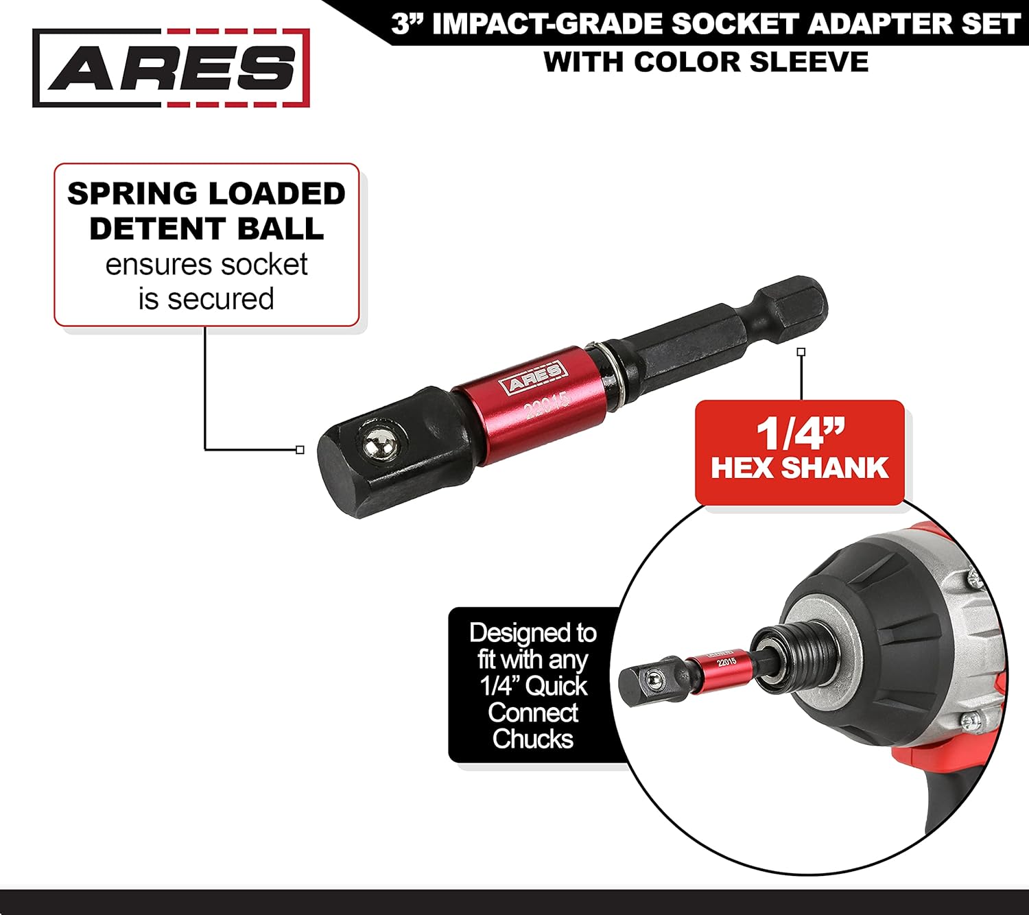 ARES 22011 - 3-Piece 3-Inch Impact Grade Socket Adapter Set with Color Sleeve - Turns Impact Drill Drivers into High Speed Socket Drivers - 1/4-Inch, 3/8-Inch, and 1/2-Inch Drive - - 