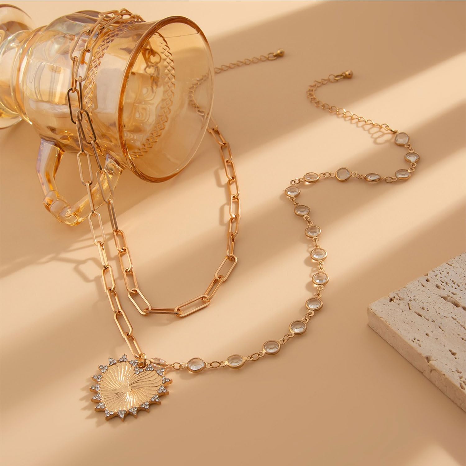 Chunky Gold Heart Pendant Necklace for Women Evil Eye Paperclip Link Chain Necklace Cubic Zirconia Sun Necklace Statement Jewelry Gifts for Women - Image 6