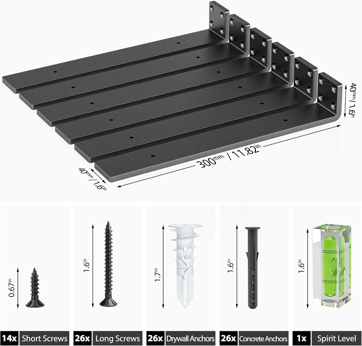 HOZE Heavy Duty Metal Shelf Brackets 12-Inch, Set of 6, Modern Black Matte Finish, 1/5" Thick Steel, Easy-to-Install, Strong Support for Shelves, Versatile & Stylish (12 Inch - 6 Pack)