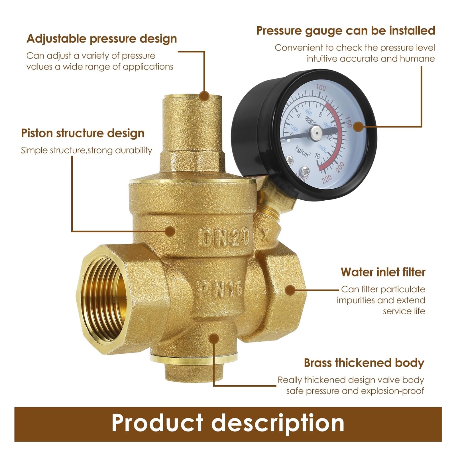 regulador de presion agua Válvula Reguladora de presión de agua de latón DN20 de 3/4 pulgadas, reductor de presión de agua, regulador DN15, medidor de válvula de alivio ajustable(DN15)