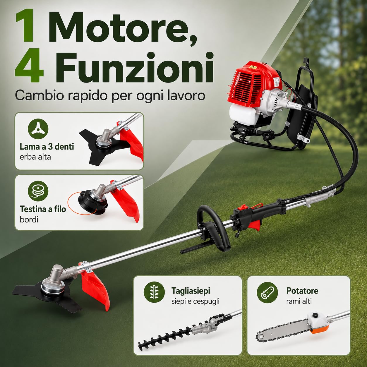Desbrozadora de gasolina 4 en 1 de 52 cc de 2 tiempos, de gasolina, para cepillo, cortacésped, motosierra, podadora, cortacésped, cortasetos, YLNXC75XWDML8-TDKA