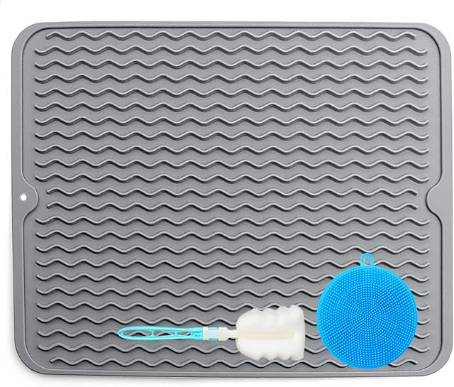 wyewye Draining Board Mats, Dish Drying Mat Silicone, Non-Slip Dish Drainer Draining Board Rack Mat, Heat Resistant Sink Mat for Kitchen Large 16x12 inches Grey