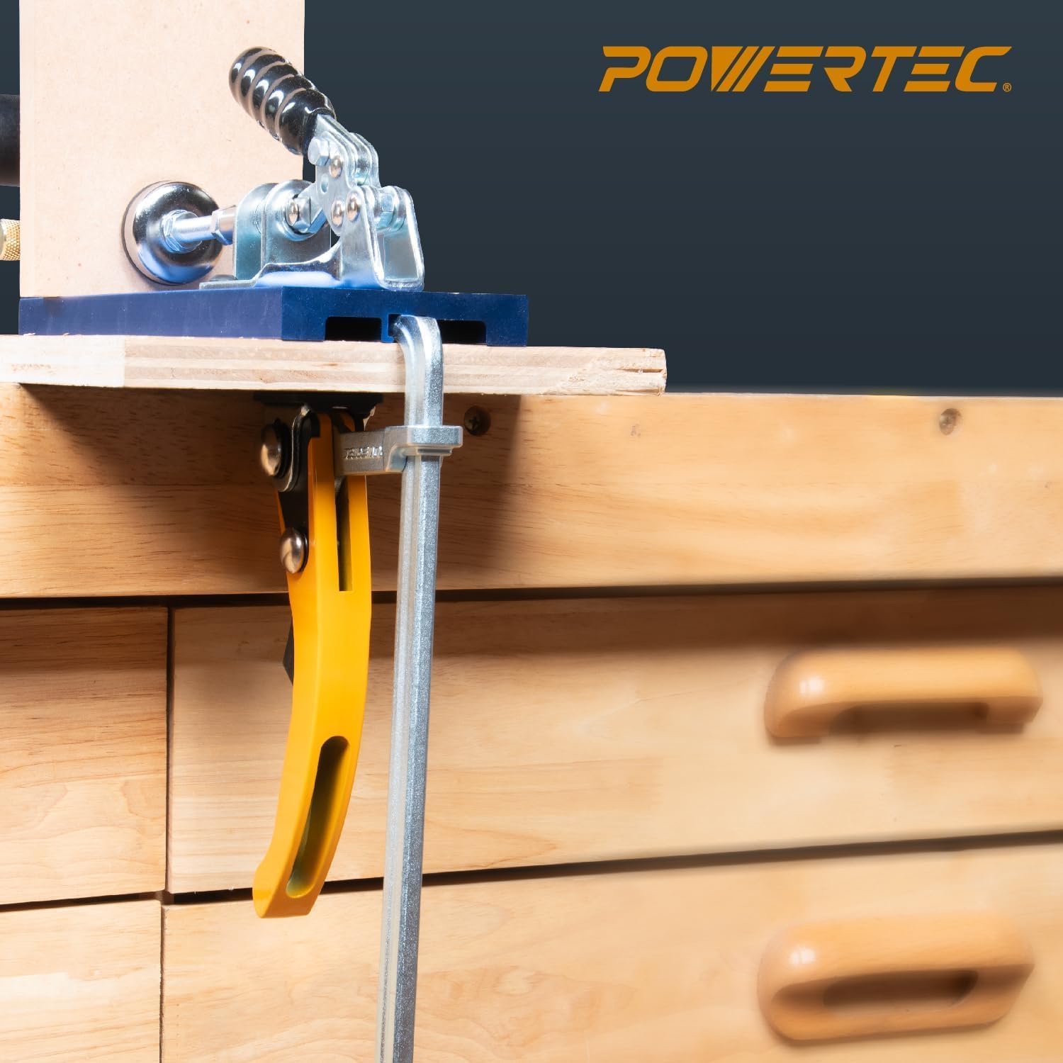 POWERTEC 72104 Aluminum Pocket Hole Jig Set with 7" Quick Release Ratcheting Table Clamp | Joinery Woodworking Jig Tool with Base, 1-1/4" Dust Port and Hardware