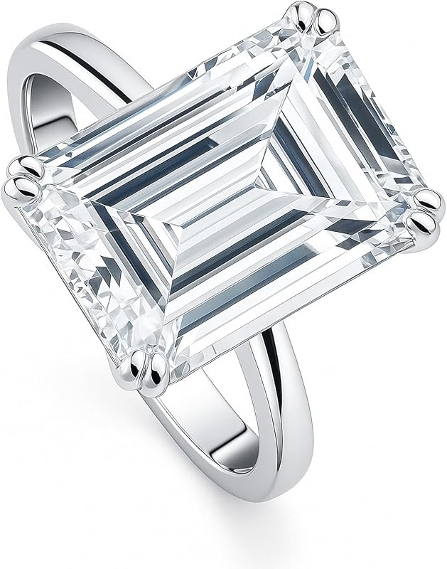 Sterling Silver CZ 3-Stone Solitaire Wedding Engagement Rings for Women, Cubic Zirconia Ring - Asscher, Cushion, Emerald, Pear, Round Cut - Canary Yellow, Green, Amethyst Purple Colors