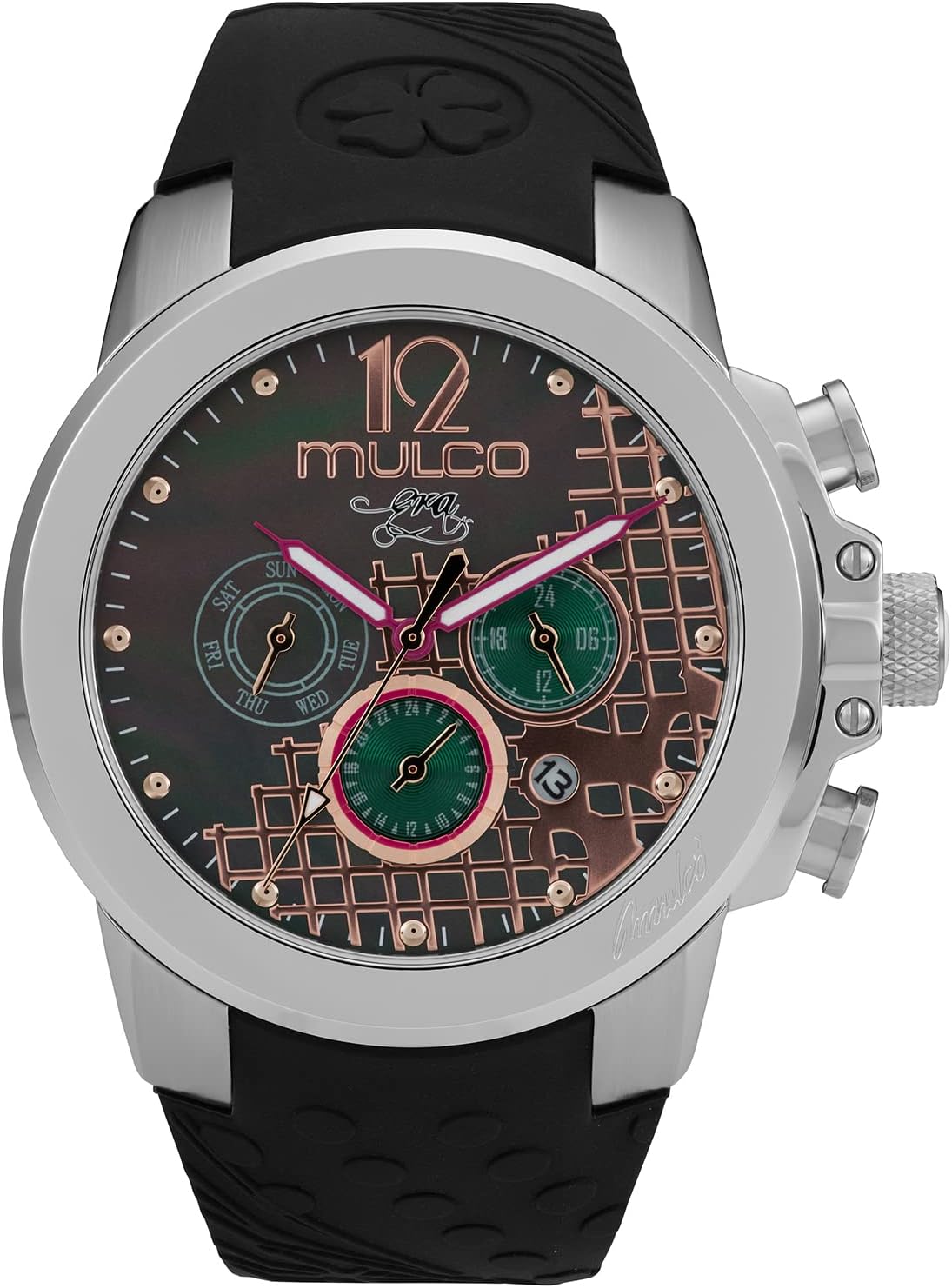 MULCO Watches for Women -Era 50, Silver Stainless Steel Case with Wrist Silicone Band, Quartz Multifunctional Movement, Large Face Analog Display - Crystals Stones, 100m Water Resistant