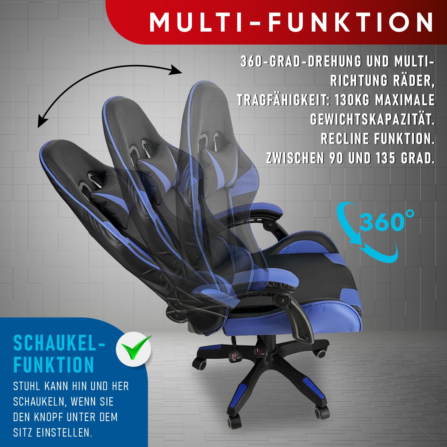 Walden Gaming Stuhl ergonomisch Office Chair bürostühle Gaming Chair Rückenlehne Sitzhöhe verstellbar Drehstuhl Racing Office Computer Ergonomic Video Game Chair (BLAU)