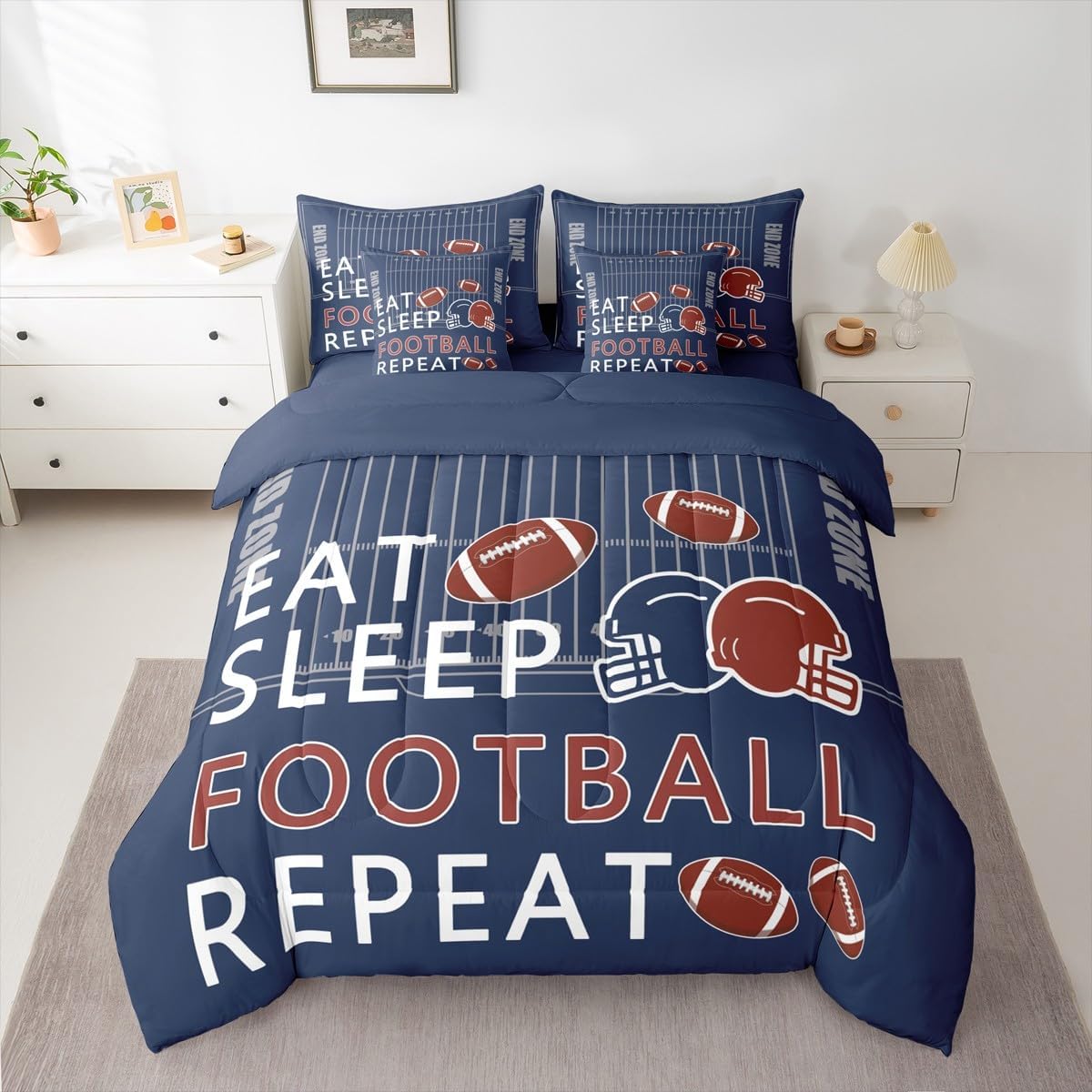 Castle Fairy Rugby Comforter Set 7 Pcs King Size,Football Field Comforter Blanket,Ball Sports Games Navy Blue Bedding Sets with Comforter,Flat Sheet,Fitted Sheet,Pillowcases and Pillow Covers