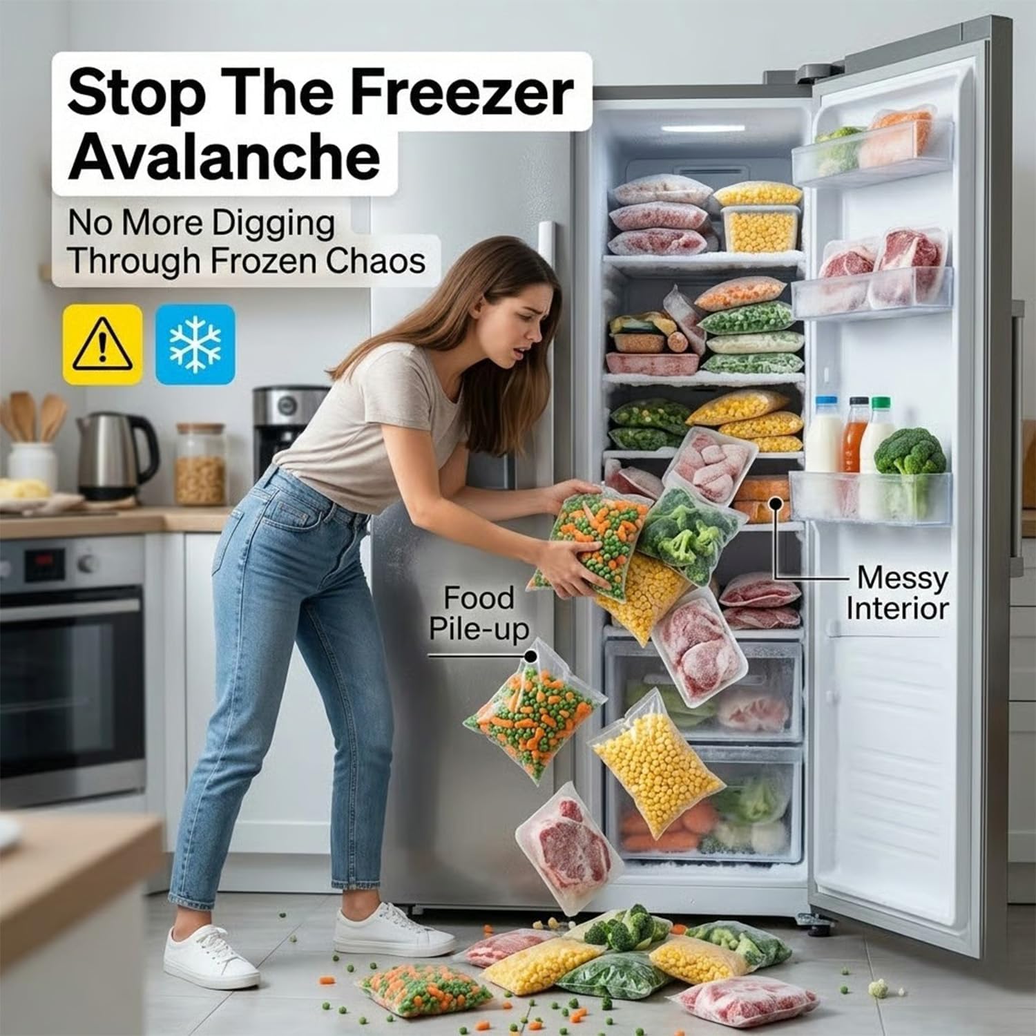 Crystal Clear Freezer Storage Bins, Clear Plastic Organizer Bins with Handles, Stackable Freezer Refrigerator and Pantry Storage Containers for Frozen Food, Meat, Vegetables, Meals and Snacks (6 pack)