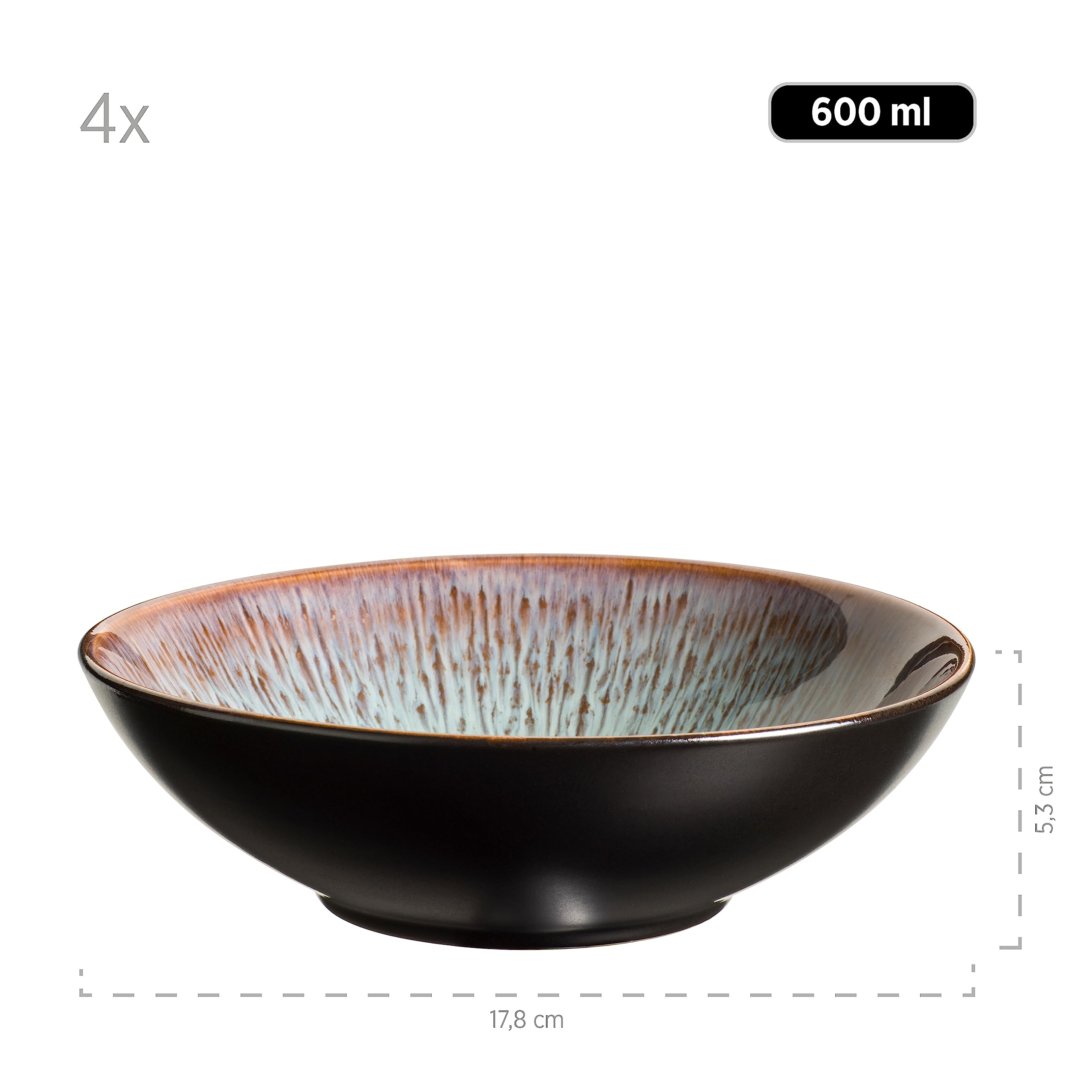 MÄSER 935130 Serie Teona - Juego de 4 platos hondos con esmalte reactivo verde-marrón, 4 platos grandes para pasta y sopas de cerámica en forma moderna y discreta de Coupe, gres