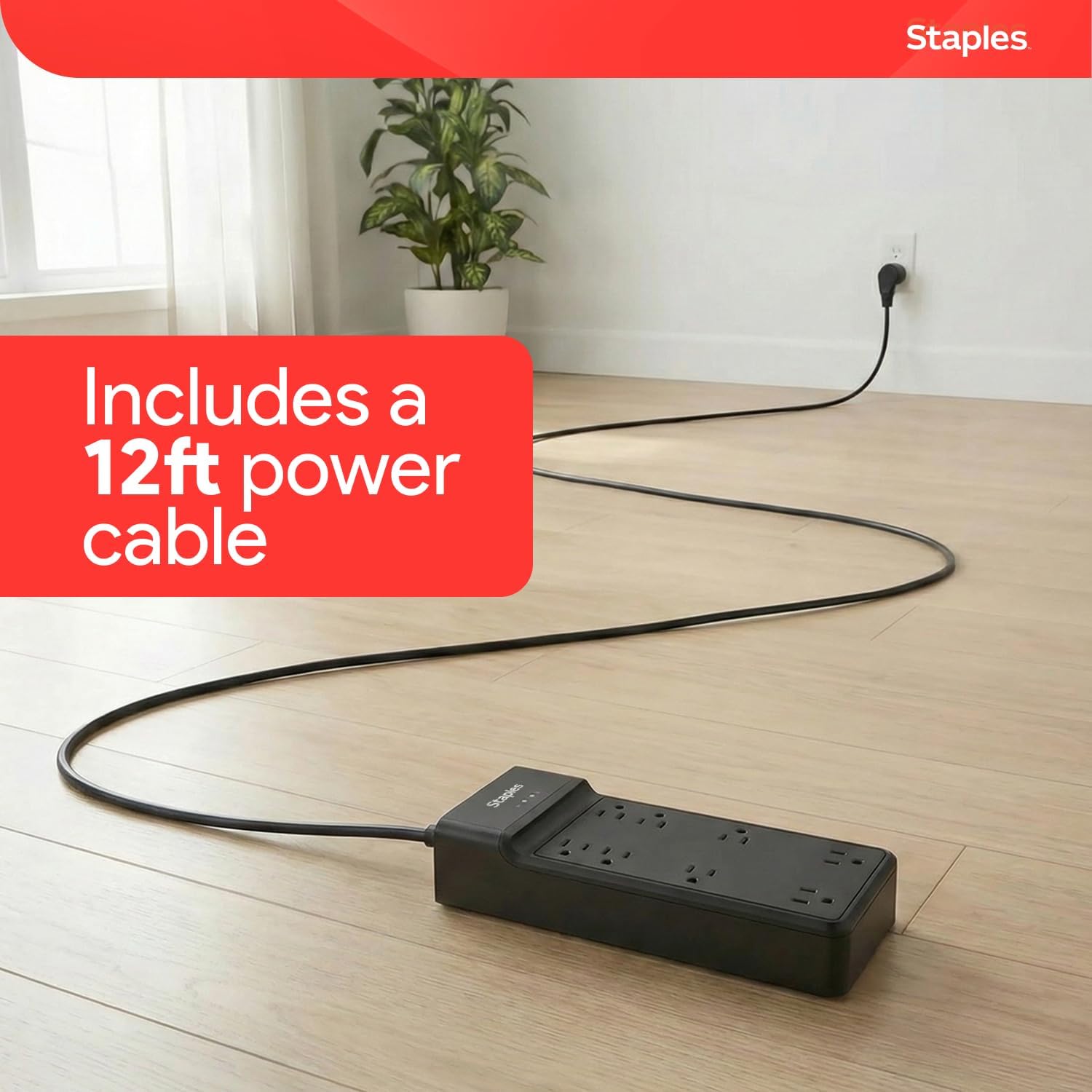 8‑Outlet Surge Protector with 12 ft. Braided Cord with Flat Offset Plug – Ideal for Home & Office, 4500 Joules, Black