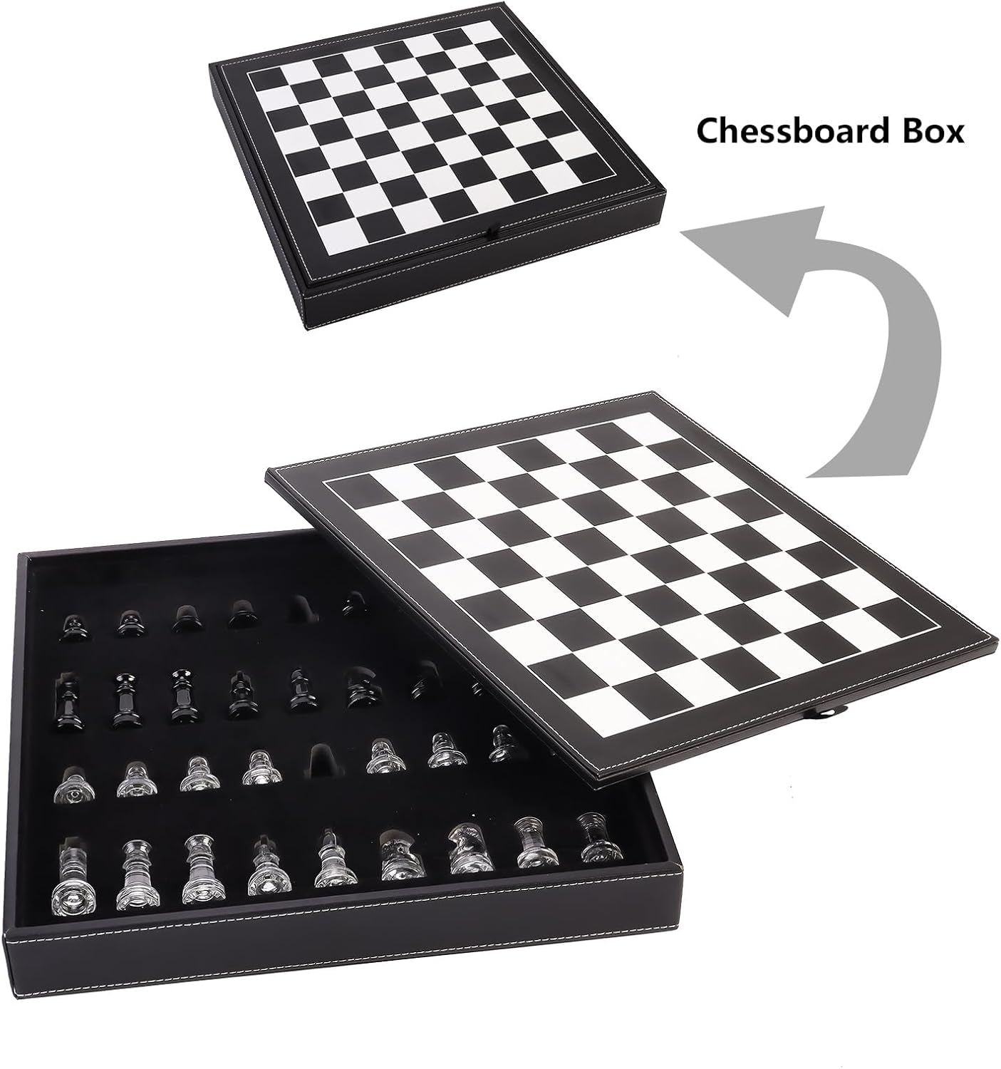 Glass Chess Set Game, 2 Extra Queens, with 13.2" Leather Storage Box and Chessboard,Board Game for Kids and Adults