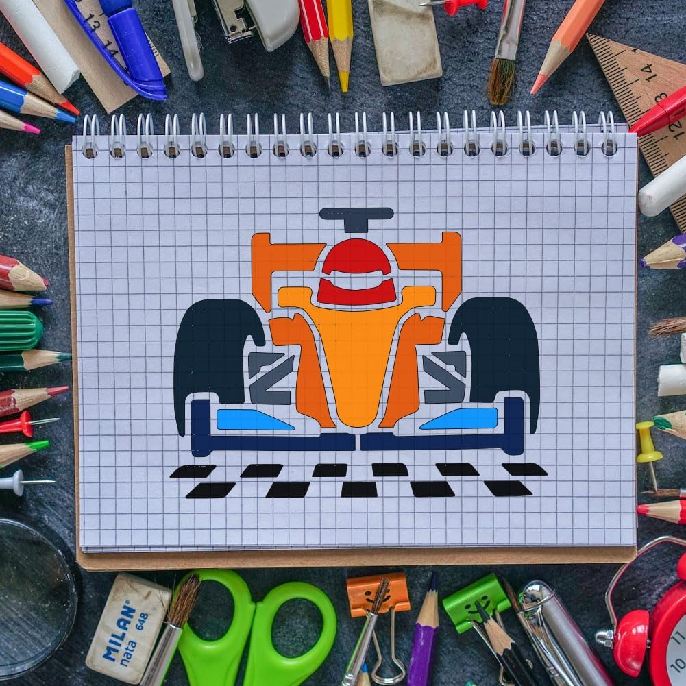 FINGERINSPIRE 9 Styles Race Car Templates 5.9x5.9 Inch Car Racing Flag Template Monster Trucks Drawing Stencils Traffic Lights Trophies Stencils with a Brush for Painting on Wood Wall Fabric