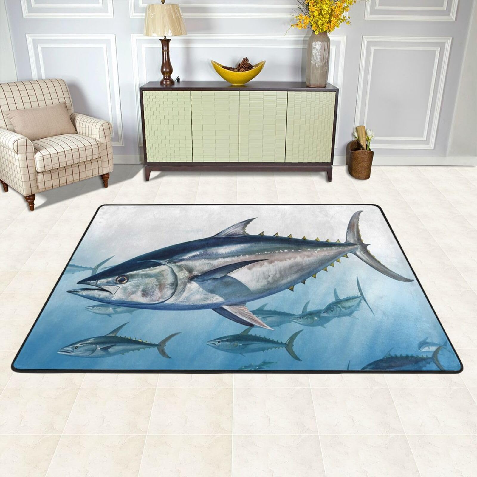 Tapis de sol pour salle de jeux et salon - Décoration thon bleu antidérapante et douce