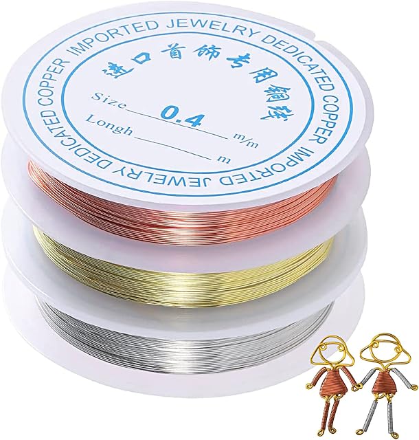 3 Pieces Jewelry Beading Wire, 0.4 mm Bare Copper Wire Craft Wire Tarnish Resistant Copper Wire for Jewelry Beading and Craft Making, Silver/Gold/Rose Gold Plated Copper Wire