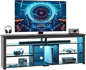 Bestier Tall TV Stand for 75 inch TV, LED Entertainment Center, Gaming TV Console with Storage for PS5, Modern TV Cabinet for Bedroom, Living Room, Black Carbon Fiber