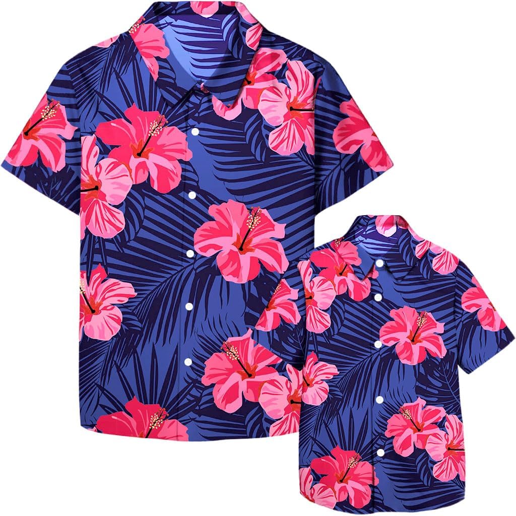 Hawaiian Matching Shirts Dad Son Hawaii Outfit Flower Button Down Short Sleeve Tops Summer Beach Father Gift Shirt
