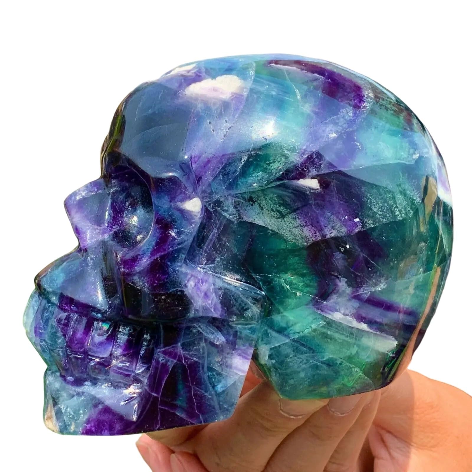 XZCASD Beautiful Hand Carved Natural Fluorite Quartz Skull Crystal Home Decoration for Inner Peace and Confidence(400-450g)