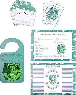 Tooth Fairy Letter Kit – Dinosaur Theme Tooth Fairy Certificate and Tooth Tracker – Keepsake Letter from The Tooth Fairy – 92 Piece Tooth Fairy Letter Set with Door Hanger